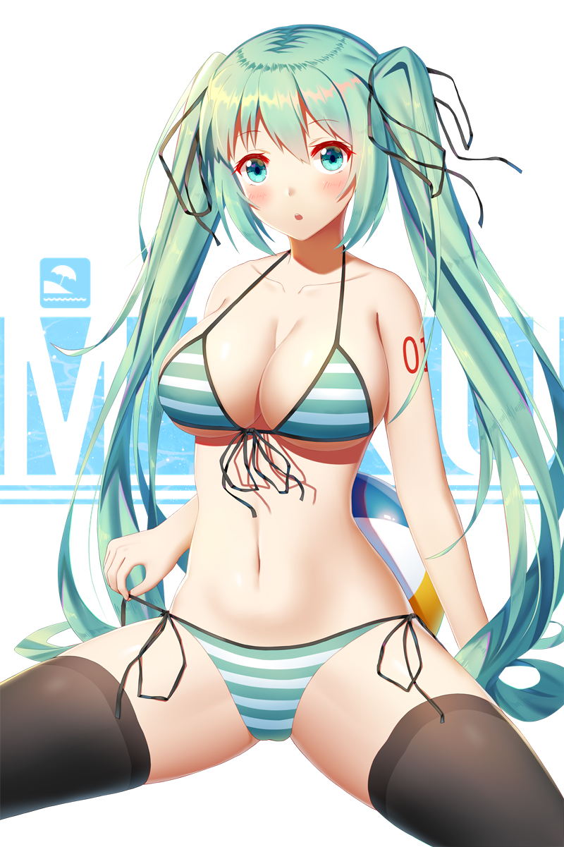 :o aqua_bikini aqua_eyes bangs bikini black_legwear black_ribbon blush breasts character_name cleavage collarbone commentary_request eyebrows_visible_through_hair front-tie_bikini front-tie_top green_hair hair_between_eyes hair_ribbon hatsune_miku highres ji_dao_ji large_breasts legs_apart long_hair looking_at_viewer navel open_mouth ribbon shoulder_tattoo side-tie_bikini sidelocks sitting solo striped striped_bikini swimsuit tareme tattoo thighhighs thighs twintails very_long_hair vocaloid