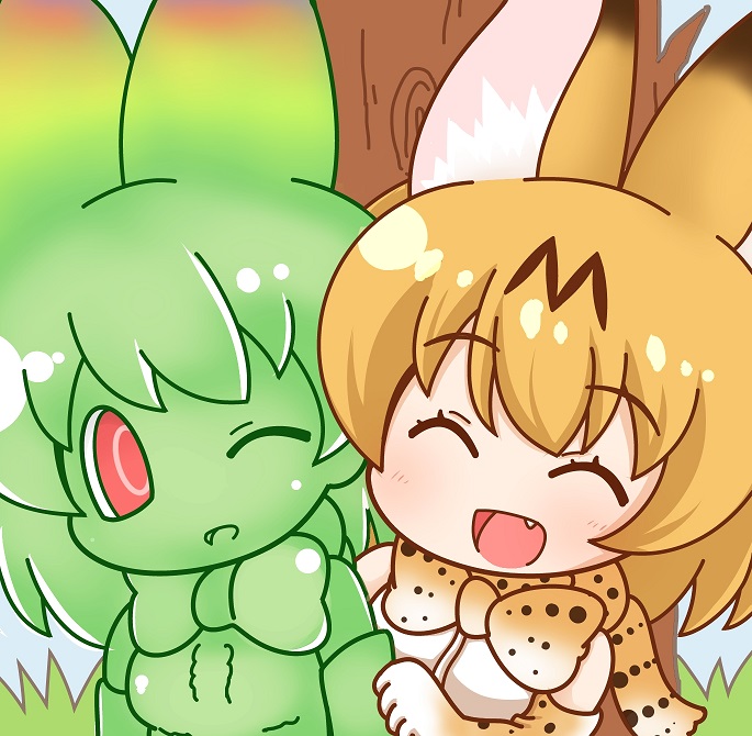 :d ;d ^_^ animal_ears bangs bare_shoulders black_hair blonde_hair blue_sky blush bow bowtie breasts cerval chibi closed_eyes day elbow_gloves eyebrows eyebrows_visible_through_hair eyelashes fang gloves grass green_bow green_gloves green_hair green_neckwear green_shirt green_skin hair_between_eyes kemono_friends looking_at_another looking_to_the_side medium_breasts multicolored multicolored_clothes multicolored_gloves multicolored_hair multicolored_neckwear multiple_girls no_eyebrows no_nose one_eye_closed open_mouth outdoors red_eyes serval_(kemono_friends) serval_ears serval_print shiny shiny_clothes shiny_hair shiny_skin shirt short_hair sky sleeveless sleeveless_shirt smile tongue tree two-tone_hair upper_body white_shirt ziogon