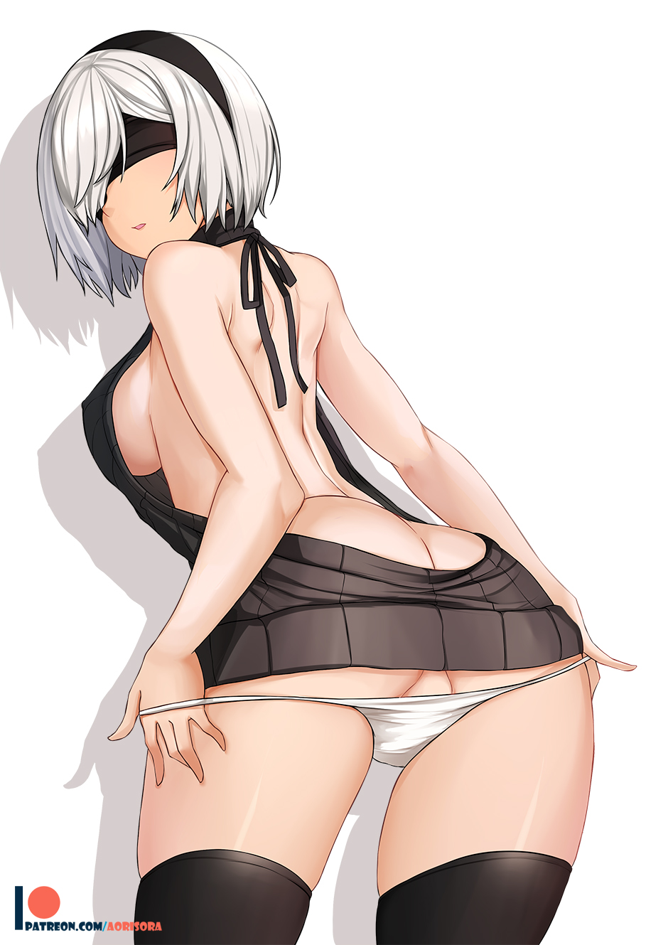 aori_sora arched_back ass back backless_dress backless_outfit bangs bare_back bare_shoulders black_hairband black_legwear blindfold breasts covered_eyes drawstring dress from_behind hair_over_one_eye hairband halterneck highres large_breasts looking_back meme_attire naked_sweater nier_(series) nier_automata panties panty_pull parted_lips partially_visible_vulva ribbed_sweater short_hair sideboob sleeveless sleeveless_turtleneck solo sweater sweater_dress thighhighs turtleneck turtleneck_sweater underwear virgin_killer_sweater white_hair white_panties yorha_no._2_type_b