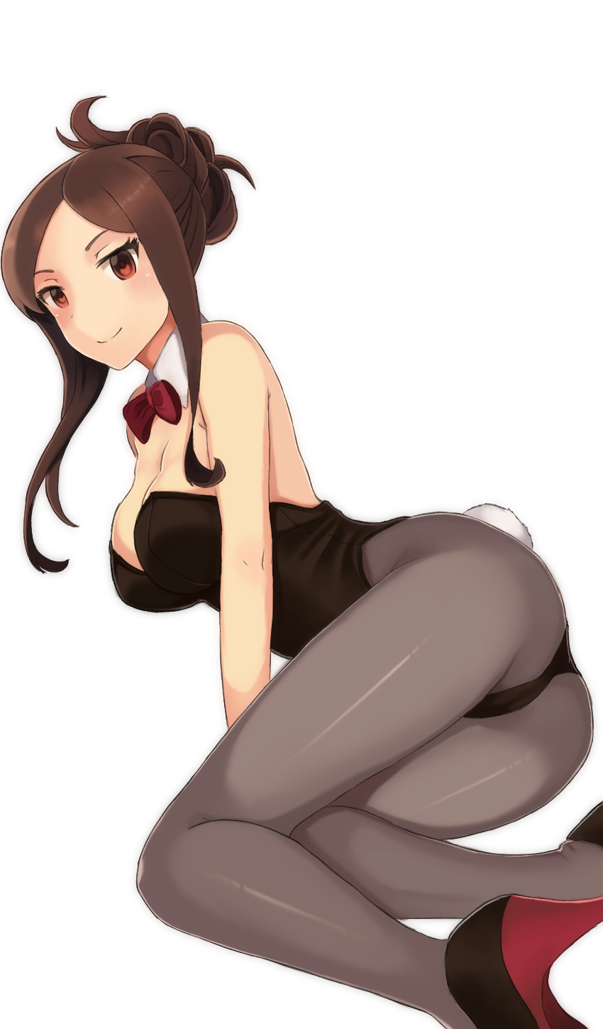ass black_legwear black_leotard bow bowtie breasts brown_eyes brown_hair bunny_tail bunnysuit detached_collar dorothy_(princess_principal) full_body hair_up high_heels highres large_breasts leotard long_hair looking_at_viewer lying on_side pantyhose princess_principal purple_eyes simple_background smile solo sonzai_soumei strapless strapless_leotard tail white_background