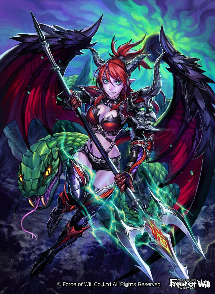 armor armored_boots bat_wings boots breasts cleavage copyright_name demon_girl earrings fangs force_of_will gloves green_eyes jewelry large_breasts long_hair midriff night night_sky official_art pointy_ears polearm ponytail purple_skin red_hair rock sky snake solo teeth trident weapon wings