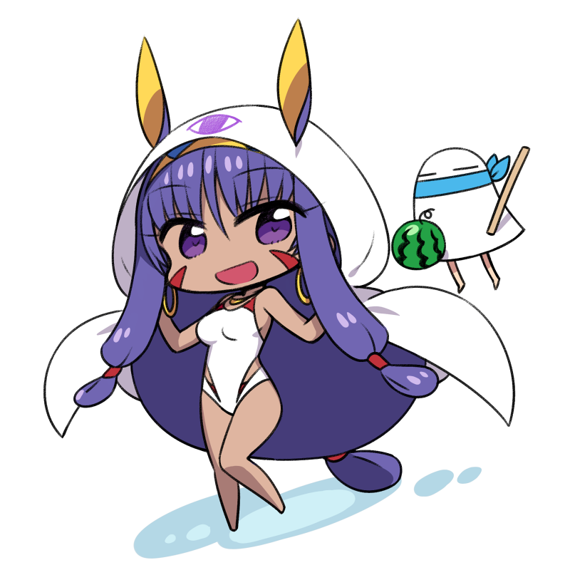 :d animal_ears bangs bare_arms bare_legs bare_shoulders barefoot blindfold chan_co chibi commentary competition_swimsuit dark_skin earrings ears_through_headwear eyebrows_visible_through_hair facial_mark fate/grand_order fate_(series) food fruit hair_tubes hands_up hoop_earrings jackal_ears jewelry long_hair looking_at_viewer low-tied_long_hair medjed necklace nitocris_(fate/grand_order) one-piece_swimsuit open_mouth purple_eyes purple_hair simple_background smile stick suikawari swimsuit very_long_hair watermelon white_background white_swimsuit