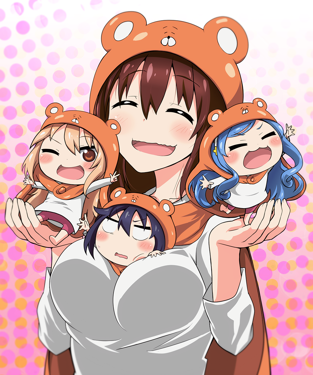&gt;_&lt; :3 :d ;d ^_^ between_breasts black_hair blonde_hair blue_hair breasts brown_hair closed_eyes cosplay doma_umaru ebina_nana hamster_costume highres himouto!_umaru-chan komaru komaru_(cosplay) large_breasts long_hair looking_at_viewer matching_outfit minigirl motoba_kirie multiple_girls one_eye_closed open_mouth person_between_breasts smile tachibana_sylphynford tom_(drpow) w wavy_mouth xd