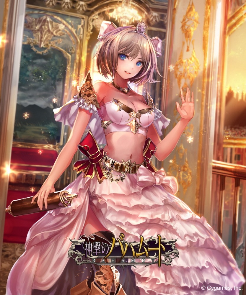 :d black_legwear blue_eyes breasts brown_hair cleavage collarbone copyright_name crop_top diadem hair_ornament holding indoors jname layered_skirt long_skirt looking_at_viewer medium_breasts midriff navel open_mouth shingeki_no_bahamut short_hair skirt smile solo standing stomach thighhighs white_skirt