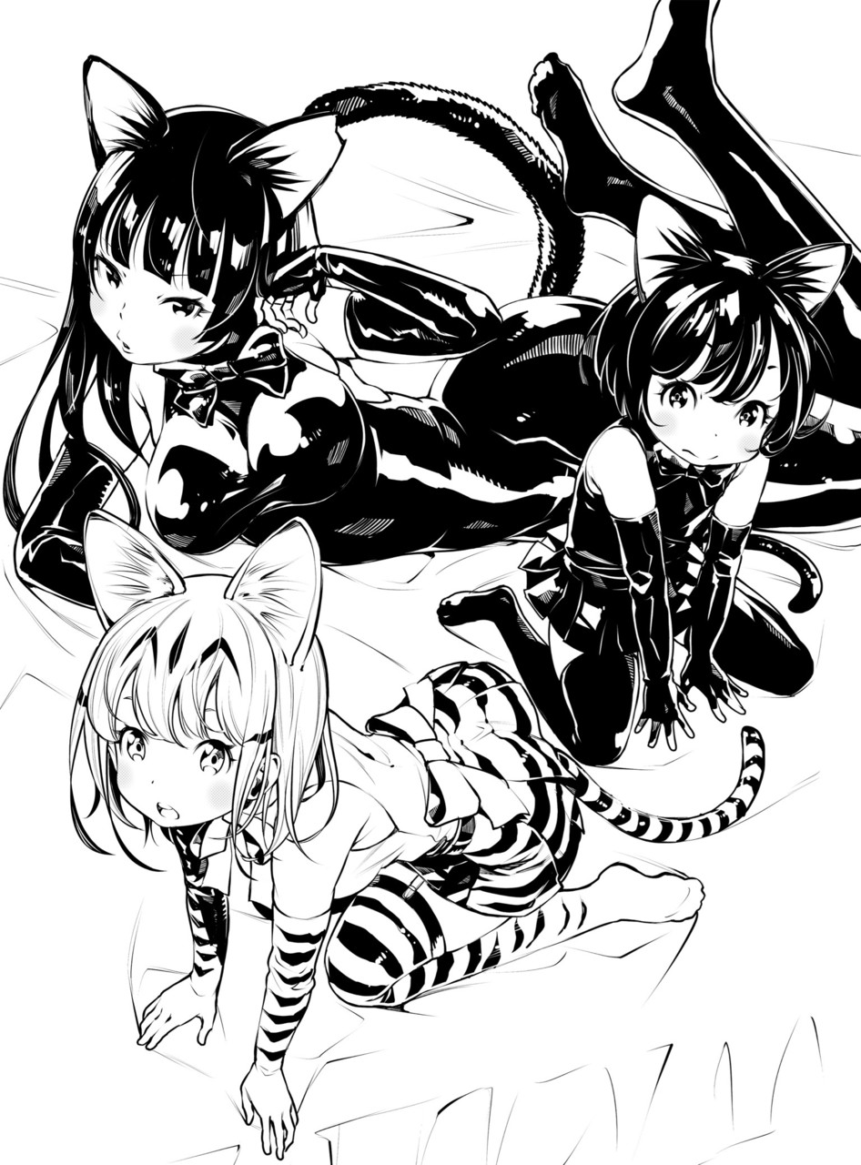 all_fours animal_ears bare_shoulders bed_sheet black_gloves bodysuit bow bowtie breasts cat_ears cat_tail commentary elbow_gloves extra_ears fingerless_gloves fukushima_masayasu garter_straps gloves greyscale high_contrast highres kemono_friends large_breasts long_hair looking_at_viewer lying monochrome multiple_girls on_side original personification photo-referenced shirt short_hair sitting skirt sleeveless sleeveless_shirt striped striped_gloves striped_legwear striped_skirt striped_tail tail thighhighs wariza