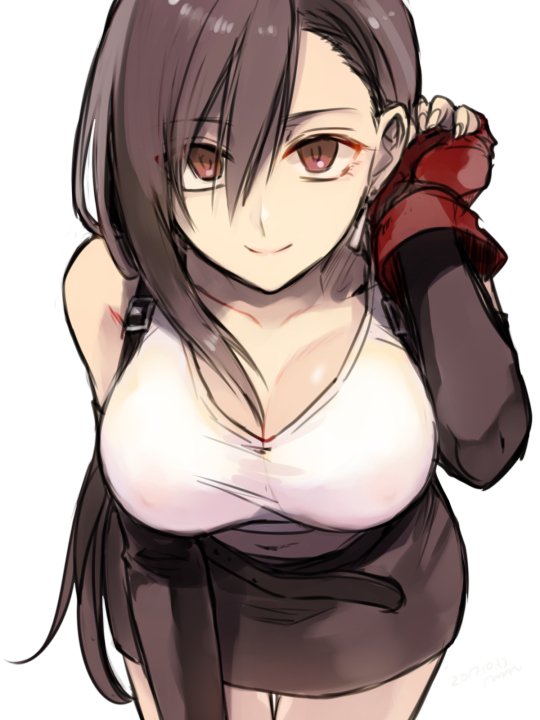 asymmetrical_hair belt bent_over breasts brown_eyes brown_hair cleavage earrings elbow_gloves eyebrows_visible_through_hair final_fantasy final_fantasy_vii fingerless_gloves gloves hair_behind_ear hair_tucking jewelry large_breasts long_hair looking_at_viewer maka_(morphine) midriff navel pencil_skirt red_gloves simple_background skirt smile solo suspender_skirt suspenders tank_top tifa_lockhart white_background