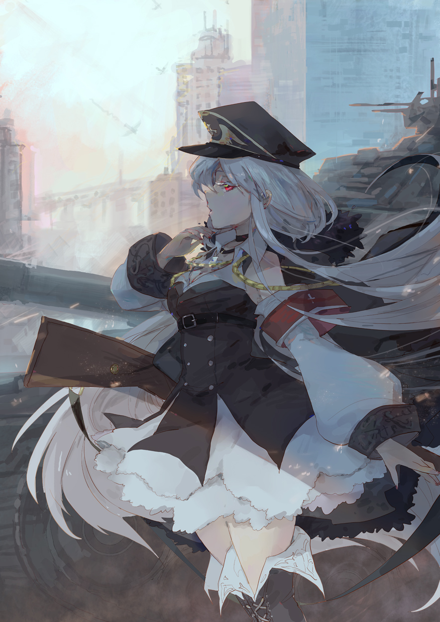albino arm_at_side arm_up armband belt bird black_footwear black_legwear bolt_action boots breasts buttons cityscape cleavage coat collarbone commentary_request from_side full_body fur_trim girls_frontline gun hand_on_own_face hat high_belt high_heel_boots high_heels highres holding holding_gun holding_weapon iron_cross jacket_on_shoulders kar98k_(girls_frontline) long_hair looking_at_viewer machinery mauser_98 medium_breasts military military_uniform peaked_cap red_eyes rifle shadowsinking solo standing thigh_boots thighhighs uniform very_long_hair weapon white_hair zettai_ryouiki