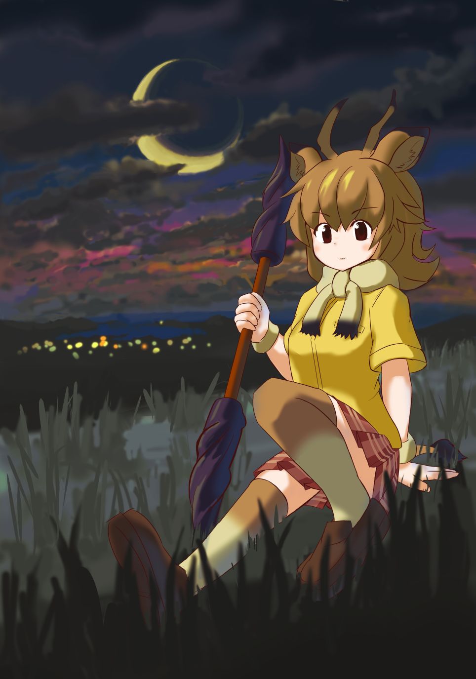 animal_ears bracelet brown_eyes brown_hair cloud cloudy_sky common_eland_(kemono_friends) crescent_moon eyebrows_visible_through_hair grass highres holding holding_spear holding_weapon horn_lance horns jewelry kemono_friends koutsuu_(koutuukanseikan) long_hair miniskirt moon night night_sky pleated_skirt polearm scarf sitting skirt sky solo spear tail thighhighs weapon