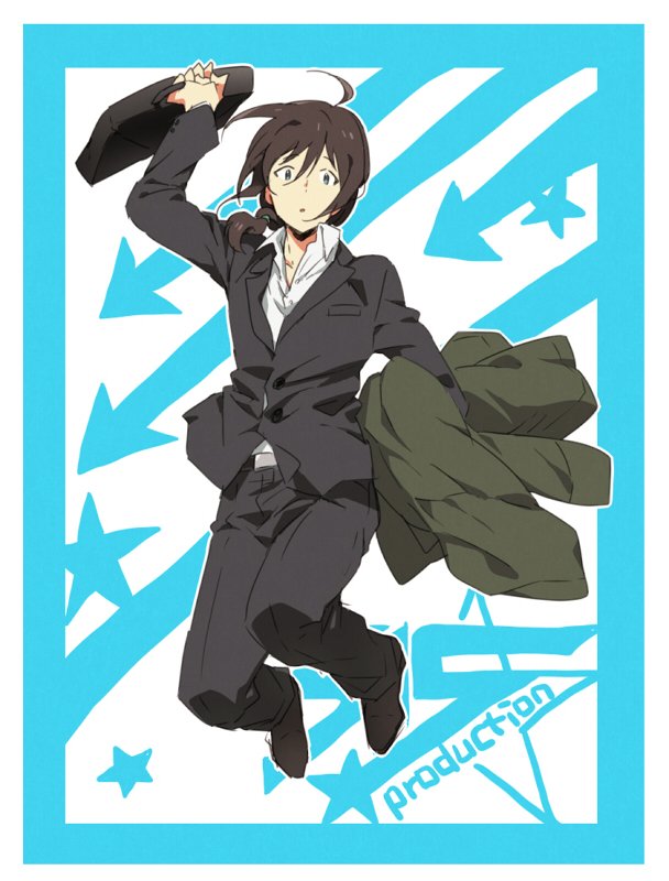 ahoge anime_coloring blue_border border briefcase brown_hair carrying_clothes catgirl0926 coat directional_arrow formal idolmaster idolmaster_side-m jumping long_hair looking_at_viewer male_focus official_style parody ponytail producer_(idolmaster_side-m_anime) solo star style_parody suit