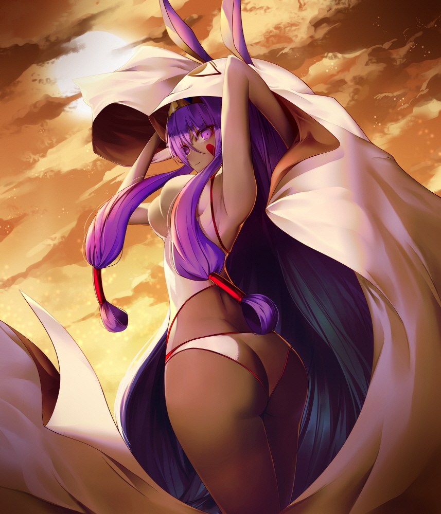 animal_ears arms_up ass breasts closed_mouth cloud commentary dark_skin evening facepaint fate/grand_order fate_(series) from_behind hair_between_eyes hair_tubes hairband jackal_ears legs_together long_hair looking_at_viewer looking_back medium_breasts nitocris_(fate/grand_order) nitocris_(swimsuit_assassin)_(fate) one-piece_swimsuit orange_sky outdoors purple_eyes purple_hair sky smile solo soya_(torga) standing swimsuit two-tone_hairband very_long_hair white_swimsuit