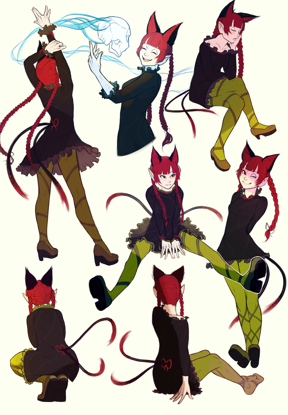 animal_ears arm_up black_dress braid brown_footwear cat_ears cat_tail chin_rest closed_eyes closed_mouth crossed_legs dress extra_ears green_legwear high_heels highres kaenbyou_rin loftyanchor long_hair long_sleeves looking_at_viewer multiple_tails no_shoes one_eye_closed pantyhose red_eyes red_hair shoes short_dress simple_background sitting smile squatting standing tail touhou twin_braids two_tails very_long_hair white_background