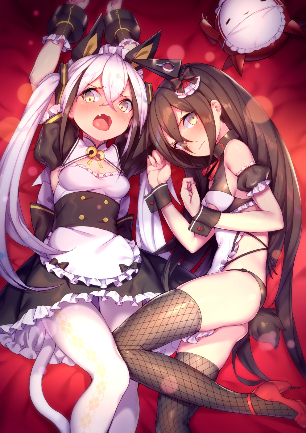 apron arms_up blush brown_hair closed_mouth destroyer_(girls_frontline) fang fishnets girls_frontline high_heels highres judge_(girls_frontline) lens_flare long_hair looking_to_the_side lying maid multiple_girls on_back on_side open_mouth panties pantyhose sangvis_ferri shennai_misha silver_hair tail thighhighs twintails underwear wrist_cuffs yellow_eyes