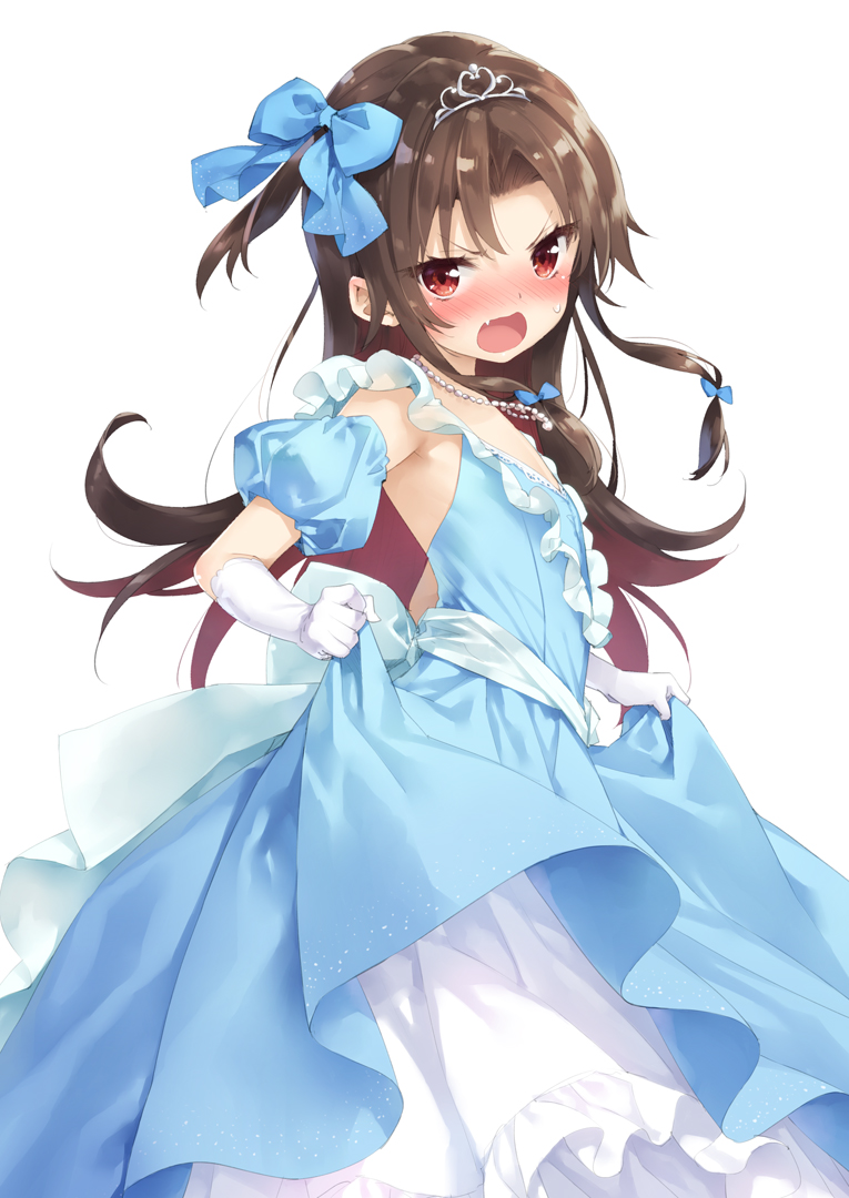 blue_bow blue_dress blush bow brown_hair commentary_request detached_sleeves dress elbow_gloves fang gloves hair_bow jewelry long_hair looking_at_viewer multicolored_hair necklace nose_blush open_mouth pearl_necklace peko puffy_short_sleeves puffy_sleeves red_eyes red_hair ryuuou_no_oshigoto! short_sleeves simple_background skirt_hold sleeveless sleeveless_dress solo sweat tiara two-tone_hair very_long_hair white_background white_gloves yashajin_ai