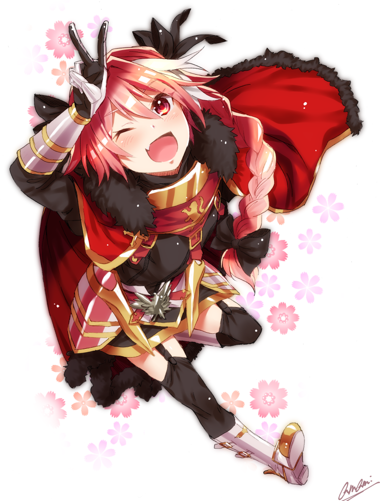 ;d amamfoy artist_name astolfo_(fate) black_legwear blush braid cape capelet fate/apocrypha fate/grand_order fate_(series) flower fur_trim garter_straps gauntlets long_hair male_focus one_eye_closed open_mouth otoko_no_ko pink_hair red_cape red_eyes smile solo thighhighs v