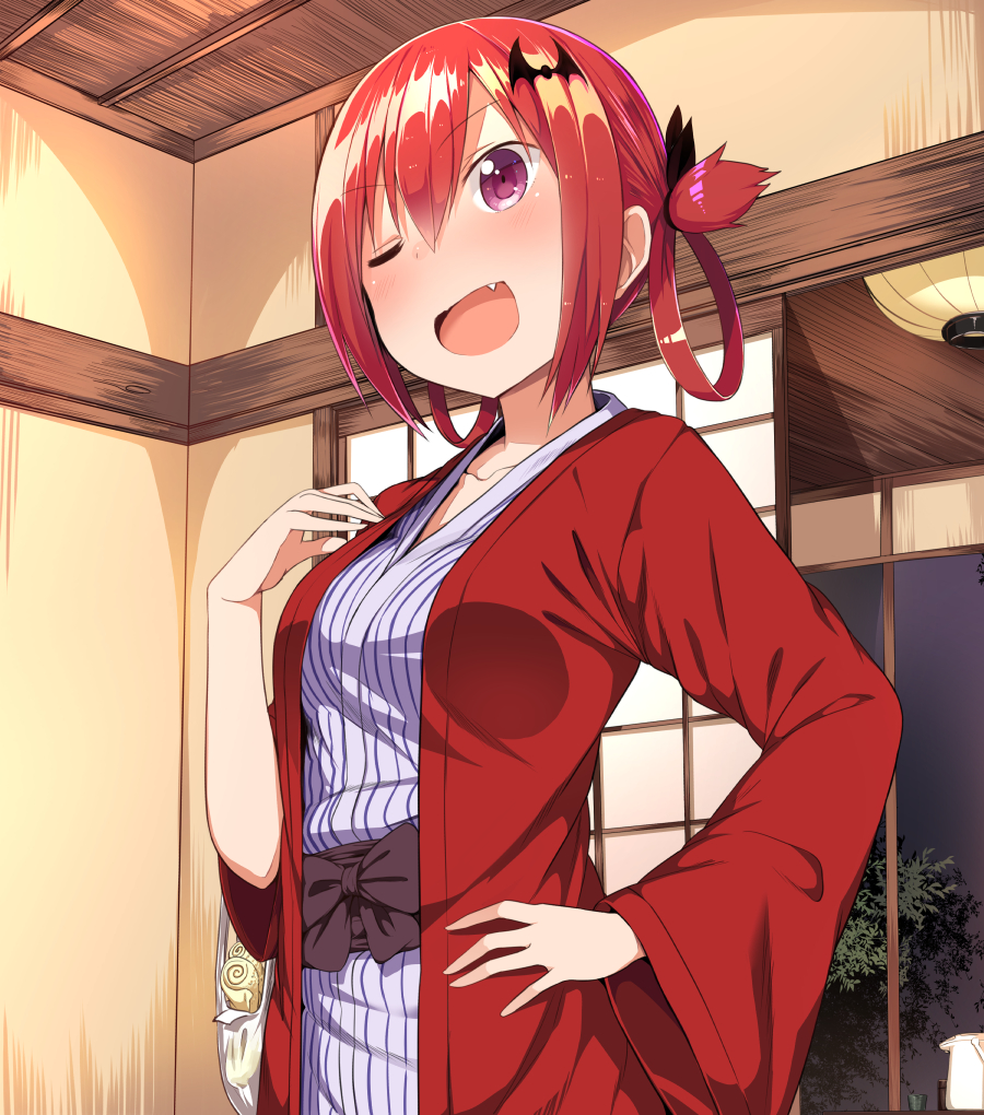 ;d architecture bat_hair_ornament bath_yukata bathrobe black_ribbon blush bow ceiling ceiling_light collarbone commentary east_asian_architecture eyebrows_visible_through_hair fang gabriel_dropout greatmosu hair_between_eyes hair_ornament hair_ribbon hair_rings hand_on_hip hand_on_own_chest indoors japanese_clothes kimono kurumizawa_satanichia_mcdowell lamp one_eye_closed open_mouth purple_eyes red_hair ribbon sash sliding_doors smile solo tree wide_sleeves yukata