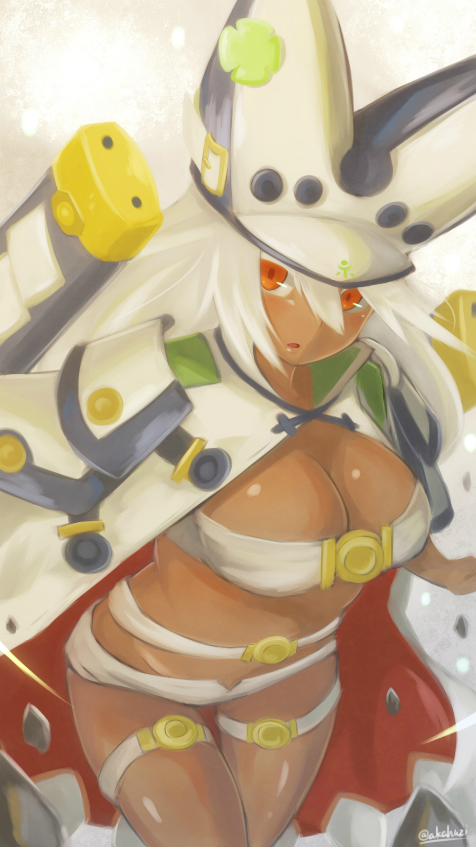 akahuzi artist_name bad_id bad_pixiv_id blush breasts cleavage dark_skin guilty_gear guilty_gear_xrd hat highres large_breasts long_hair looking_at_viewer parted_lips ramlethal_valentine red_eyes solo twitter_username white_hair white_hat