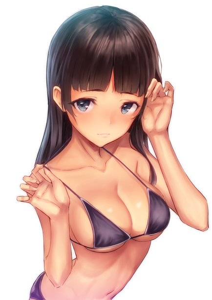 arched_back bangs bare_arms bare_shoulders bikini black_bikini black_hair blue_eyes blunt_bangs blush breasts cleavage closed_mouth halterneck hands_up long_hair looking_at_viewer medium_breasts navel original pulled_by_self ryuinu simple_background smile solo stomach strap_pull swimsuit upper_body white_background