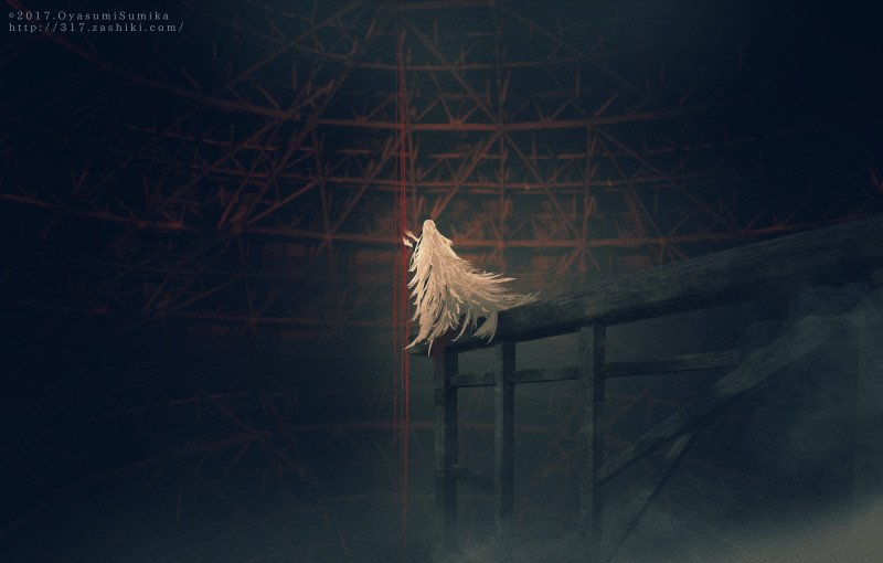 bad_id bad_pixiv_id building dark feather_hair feathers from_behind landscape long_hair miyina original scenery white_hair