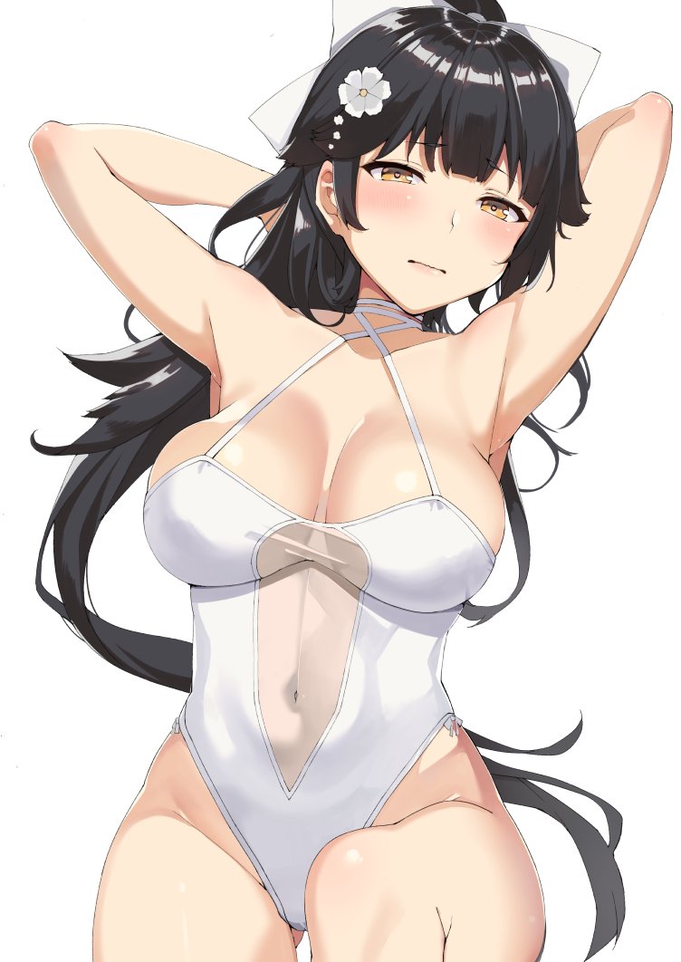 arms_behind_head azur_lane black_hair bow breasts brown_eyes casual_one-piece_swimsuit covered_navel cowboy_shot flower hair_bow hair_flower hair_ornament highleg highleg_swimsuit large_breasts long_hair looking_at_viewer navel nuko_(mikupantu) one-piece_swimsuit ponytail solo swimsuit takao_(azur_lane) very_long_hair white_bow white_flower white_swimsuit