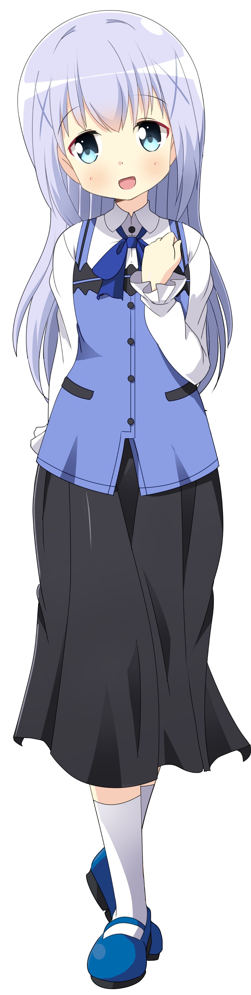 :d absurdres arm_at_side bangs black_skirt blue_eyes blue_footwear blue_hair blue_vest blush collared_shirt commentary_request eyebrows_visible_through_hair frilled_sleeves frills full_body gochuumon_wa_usagi_desu_ka? hair_ornament hand_on_own_chest head_tilt highres kafuu_chino kneehighs long_hair long_skirt long_sleeves looking_at_viewer mary_janes naruse_mai open_mouth rabbit_house_uniform shirt shoes simple_background skirt smile solo standing tiptoes very_long_hair vest white_background white_legwear white_shirt x_hair_ornament