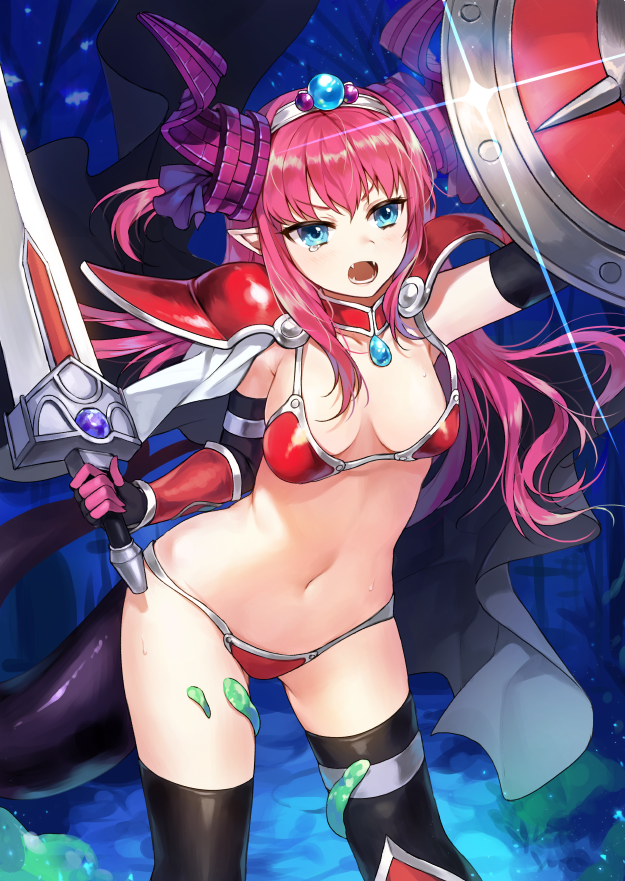 arm_up armor bangs bikini bikini_armor black_legwear blue_eyes breasts cape commentary_request dragon_girl dragon_horns dragon_tail elizabeth_bathory_(brave)_(fate) elizabeth_bathory_(fate)_(all) eyebrows_visible_through_hair fangs fate/extra fate/extra_ccc fate_(series) gem gijang hair_ornament holding holding_shield holding_sword holding_weapon horns legs_apart long_hair loose_bikini navel night open_mouth outdoors oversized_clothes pauldrons pink_hair pointy_ears red_armor red_bikini shield silver_trim small_breasts solo standing swimsuit sword tail tearing_up thighhighs tree two_side_up weapon white_cape