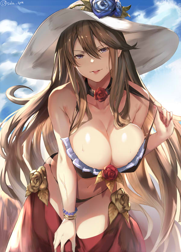 bare_arms bare_shoulders bead_bracelet beads between_breasts bikini black_bikini black_neckwear blue_flower blue_rose blue_sky bracelet breasts brown_hair choker cloud cloudy_sky collarbone commentary_request cowboy_shot day fingernails flower frilled_bikini frills granblue_fantasy hair_between_eyes half-closed_eyes hand_on_lap hand_up hat hat_flower hat_ribbon jewelry large_breasts leaning_forward long_fingernails long_hair looking_at_viewer nail_polish navel outdoors parted_lips petals pink_lips pink_nails plant pulled_by_self purple_eyes red_flower red_rose ribbon rose rosetta_(granblue_fantasy) sarong sky smile sola_(solo0730) solo strap_pull sun_hat swimsuit teeth twitter_username upper_teeth white_hat
