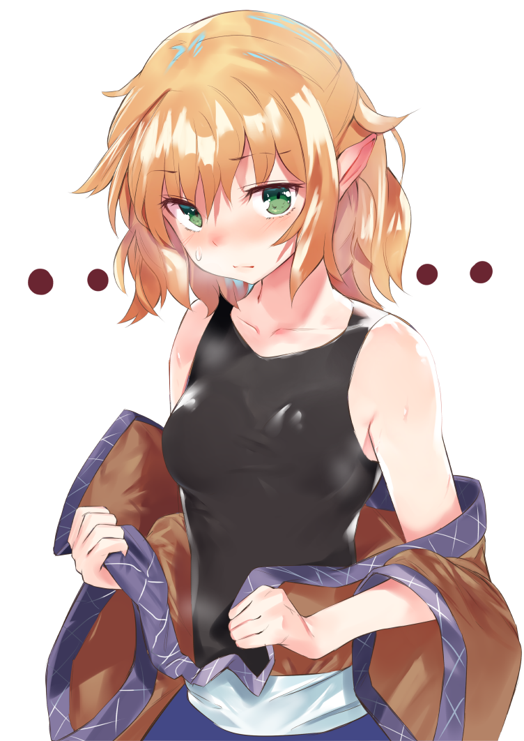asuzemu bangs blonde_hair blush breasts collarbone ear_blush green_eyes looking_at_viewer medium_breasts mizuhashi_parsee pointy_ears shiny shiny_hair simple_background solo sweat tank_top taut_clothes touhou upper_body white_background wide_sleeves