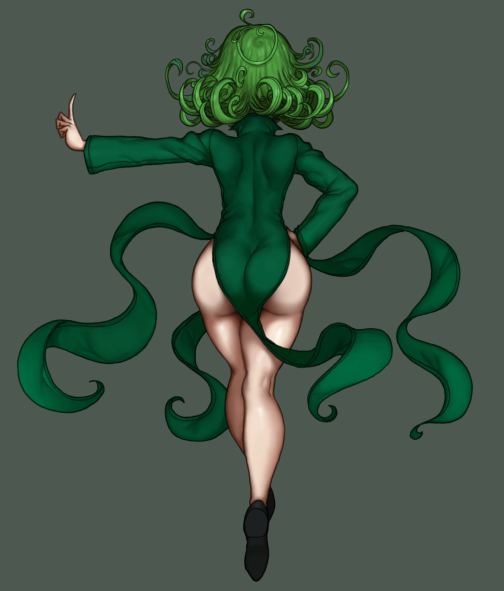 ass commentary curly_hair dress from_behind green_dress green_hair grey_background hand_on_hip huge_ass kneepits legs one-punch_man pointing pointing_up short_hair simple_background solo tatsumaki the_golden_smurf thighs wide_hips