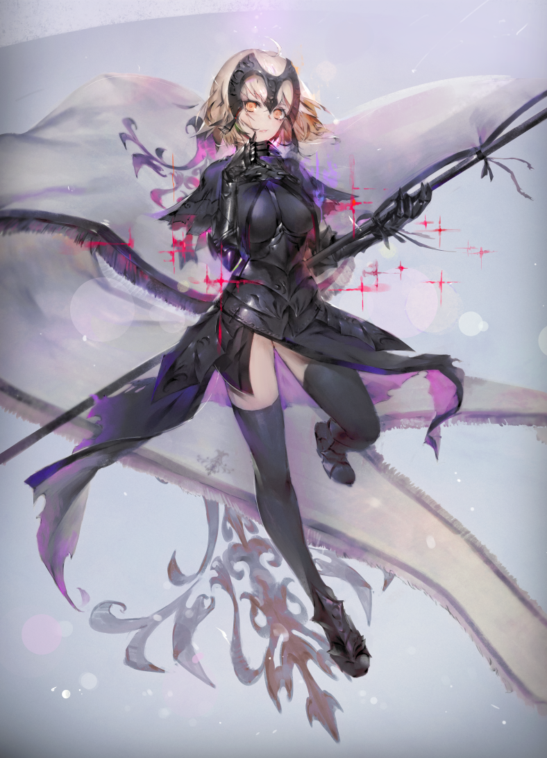 armor armored_dress bad_id bad_pixiv_id banner black_capelet blonde_hair boots breasts capelet crest dress fate/grand_order fate_(series) faulds flag full_body gauntlets headpiece hong jeanne_d'arc_(alter)_(fate) jeanne_d'arc_(fate)_(all) looking_at_viewer medium_breasts orange_eyes short_hair skirt solo thighhighs torn_clothes torn_dress