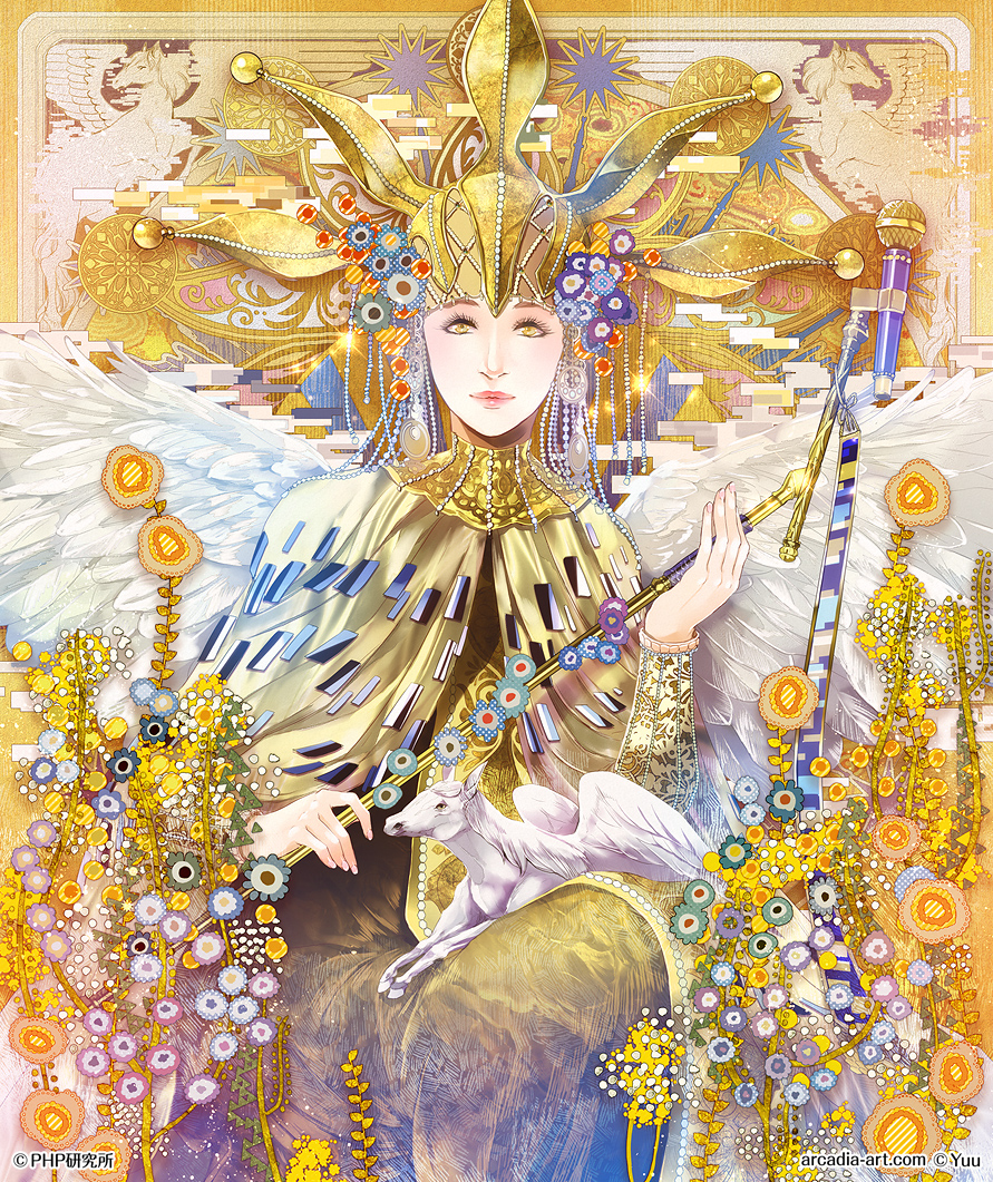animal animal_on_lap artist_name beads cover fantasy flower hair_beads hair_ornament headpiece microphone microphone_stand pegasus sennen_no_dokusou_uta_(vocaloid) sitting vocaloid white_wings wings yellow_eyes yuu_(arcadia)