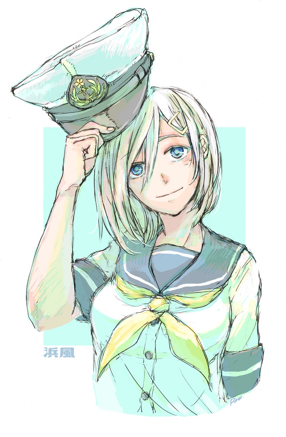 anchor_symbol arm_up artist_name blush border breasts buttons closed_mouth commentary hair_between_eyes hair_ornament hairclip hamakaze_(kantai_collection) hat hat_tip highres holding holding_hat kantai_collection looking_at_viewer medium_breasts military_hat peaked_cap school_uniform serafuku short_hair short_sleeves smile solo translated upper_body white_border yamada_rei_(rou) yellow_neckwear