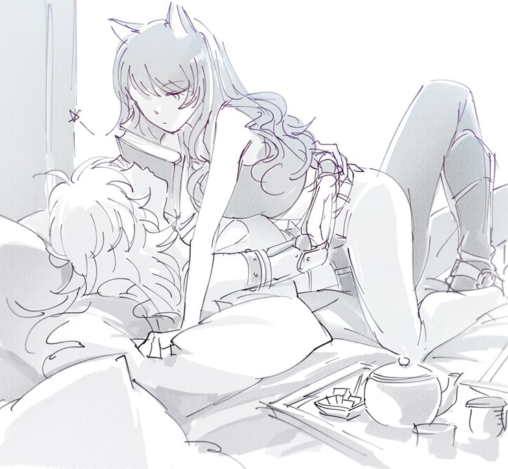 arms_around_waist bed blake_belladonna blocking_kiss commentary_request imminent_kiss multiple_girls pillow prosthesis prosthetic_arm rwby rwby_fanartnest tank_top teapot yang_xiao_long yuri