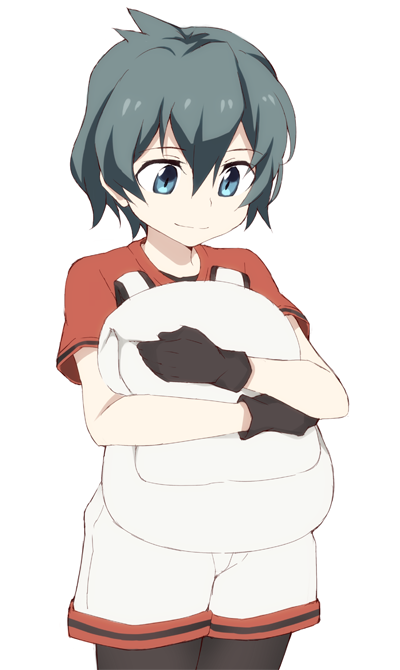 backpack backpack_removed bag bangs black_gloves black_hair black_legwear blue_eyes closed_mouth cowboy_shot eyebrows eyebrows_visible_through_hair eyes_visible_through_hair gloves hair_between_eyes holding_backpack kaban_(kemono_friends) kemono_friends legs_together legwear_under_shorts looking_away looking_down no_hat no_headwear object_hug pantyhose pantyhose_under_shorts red_shirt shirt short_hair short_sleeves shorts silver_shorts simple_background smile solo souji standing t-shirt tareme white_background