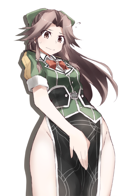 black_skirt bow bowtie brown_eyes brown_hair buttons closed_mouth cosplay covering covering_crotch cowboy_shot eyebrows eyebrows_visible_through_hair eyes_visible_through_hair floating_hair flying_sweatdrops green_bow green_shirt groin hair_bow hair_intakes hip_vent jintsuu_(kantai_collection) kantai_collection light_frown long_hair looking_away looking_down no_panties puffy_short_sleeves puffy_sleeves red_bow red_neckwear remodel_(kantai_collection) sash shirt short_sleeves side_slit sidelocks silhouette silver_background simple_background skirt solo souji standing sweatdrop tone_(kantai_collection) tone_(kantai_collection)_(cosplay)