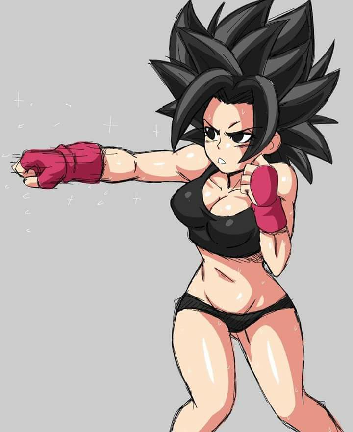 1girl alone bare_shoulders black_eyes black_hair breasts caulifla cleavage dragon_ball dragon_ball_super female gloves gray_background navel panties punching solo spiky_hair stomach tank_top thighs training