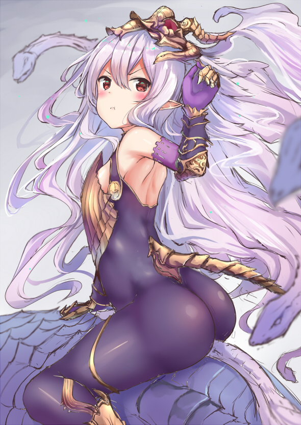 armpits ass bare_shoulders bodysuit breasts elbow_gloves gloves hair_between_eyes headpiece lavender_hair long_hair looking_at_viewer medusa_(shingeki_no_bahamut) partly_fingerless_gloves pointy_ears pout red_eyes shingeki_no_bahamut sitting small_breasts snake solo tail very_long_hair yukishiro_arute