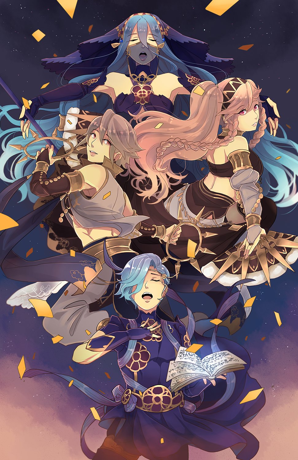 2girls aqua_(fire_emblem_if) azur_(fire_emblem) bare_shoulders blue_eyes blue_hair blush book braid breasts closed_eyes fire_emblem fire_emblem:_kakusei fire_emblem_heroes fire_emblem_if gloves hair_between_eyes hair_over_one_eye hairband highres jewelry long_hair medium_breasts midriff mother_and_son multiple_boys multiple_girls olivia_(fire_emblem) open_mouth pink_eyes pink_hair ponytail shigure_(fire_emblem_if) short_hair shy_(ribboneels) smile twin_braids yellow_eyes