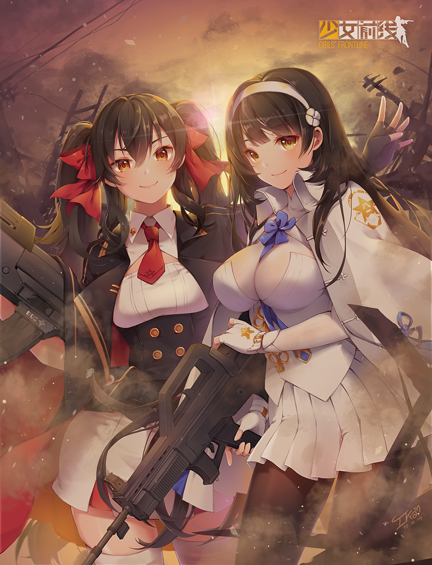 arm_up assault_rifle backlighting bangs between_breasts black_gloves black_jacket black_legwear blunt_bangs blush bow breasts brown_hair bullpup cleavage closed_mouth commentary_request copyright_name corset cowboy_shot dated eyebrows_visible_through_hair fingerless_gloves girls_frontline gloves gun hair_bow hairband holding holding_gun holding_weapon ika_(4801055) jacket jacket_on_shoulders large_breasts lips looking_at_viewer multiple_girls necktie open_clothes open_jacket orange_eyes orange_sky outdoors pantyhose pleated_skirt qbz-95 qbz-95_(girls_frontline) qbz-97 qbz-97_(girls_frontline) red_bow red_neckwear rifle signature skirt sky smile standing sunlight thighhighs trigger_discipline twilight twintails weapon white_gloves white_hairband white_jacket white_legwear white_skirt wing_collar zettai_ryouiki