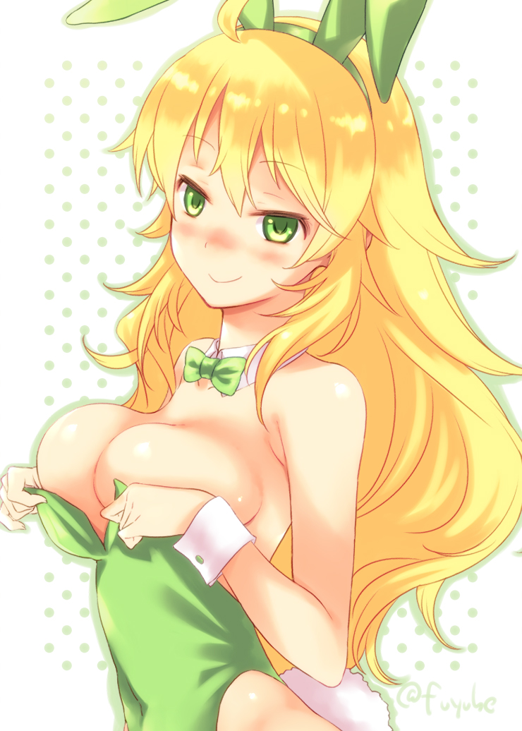 animal_ears bangs bare_arms bare_shoulders blonde_hair blush bow bowtie breasts bunny_ears bunny_tail bunnysuit cleavage closed_mouth covered_navel detached_collar eyebrows_visible_through_hair fuyube_rion green_bow green_eyes green_leotard highleg highleg_leotard hoshii_miki idolmaster idolmaster_(classic) large_breasts leotard long_hair looking_at_viewer nose_blush polka_dot polka_dot_background shiny shiny_hair smile solo tail upper_body very_long_hair
