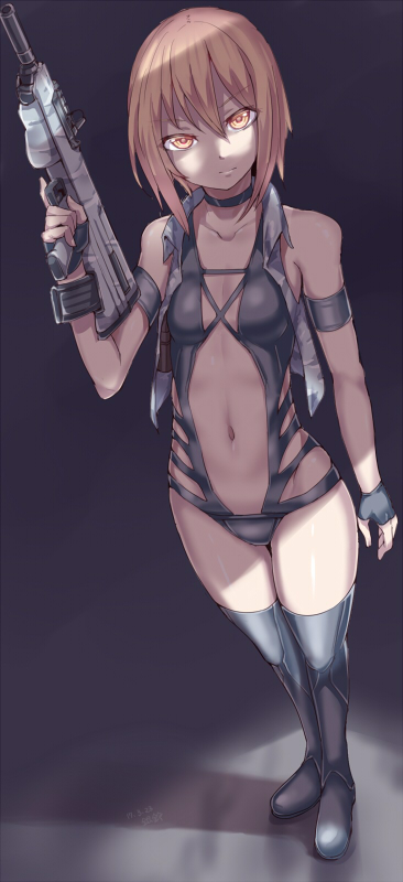 arm_at_side armband bare_shoulders black_footwear black_gloves black_leotard black_neckwear boots brown_eyes brown_hair center_opening choker closed_mouth collarbone dated expressionless fingerless_gloves flat_chest full_body gloves grey_vest gun holding holding_gun holding_weapon legs_together leotard looking_at_viewer navel open_clothes open_vest original revealing_clothes rifle short_hair signature silver_bell sleeveless solo standing stomach thigh_boots thigh_gap thighhighs trigger_discipline vest weapon
