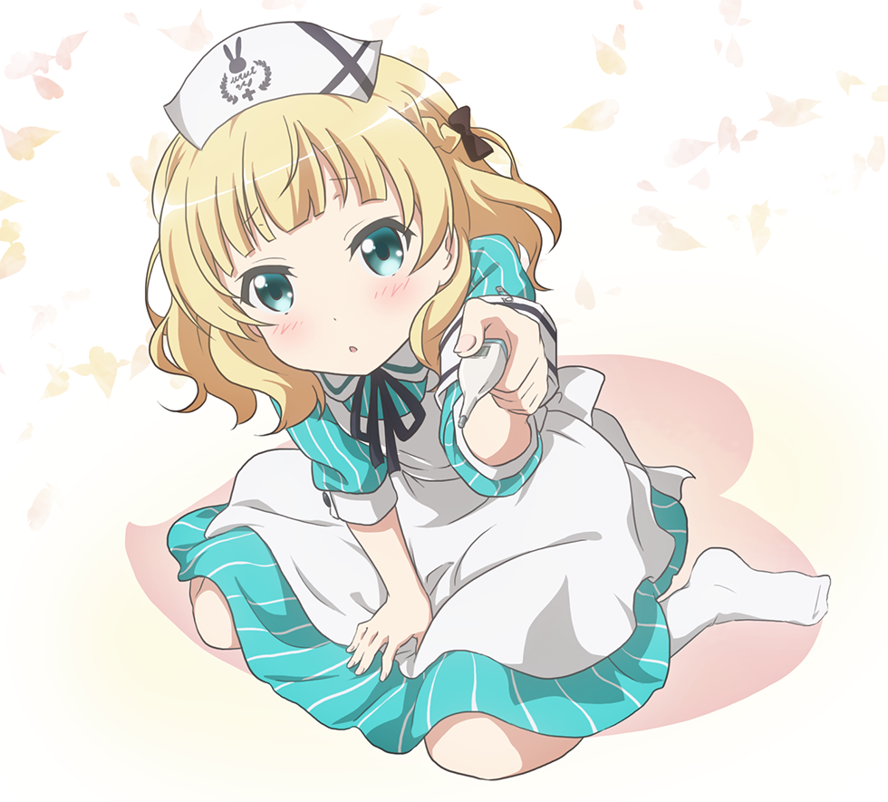 :o alternate_costume apron aqua_dress aqua_eyes bangs between_legs black_neckwear blonde_hair blunt_bangs blush commentary_request digital_thermometer dress eyebrows_visible_through_hair flat_chest foreshortening from_above full_body gochuumon_wa_usagi_desu_ka? hand_between_legs hat holding kirima_sharo looking_at_viewer multicolored multicolored_background neck_ribbon no_shoes nurse nurse_cap outstretched_arm parted_lips red_star_(toranecomet) ribbon short_hair short_sleeves sitting solo striped striped_dress thermometer wariza wavy_hair white_apron white_legwear