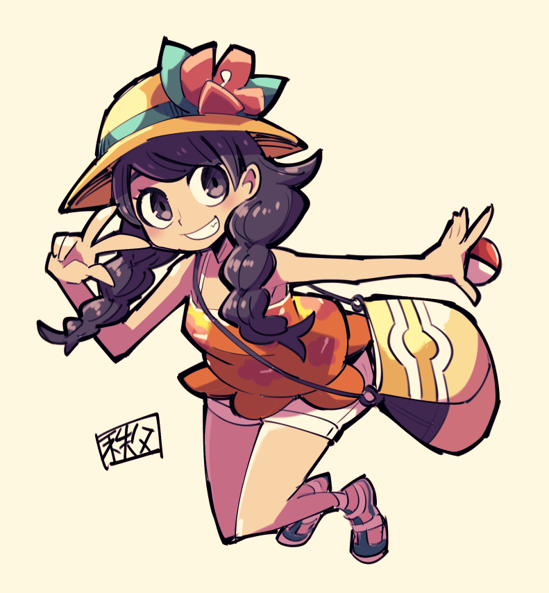 1girl arm_up bag beige_background black_eyes black_hair blush braid breasts flower full_body hand_up hat hat_flower looking_to_the_side matching_hair/eyes mizuki_(pokemon_ultra_sm) orange_shirt outstretched_arm pink_flower poke_ball pokemon pokemon_(game) pokemon_ultra_sm sandals shirt shorts simple_background sleeveless sleeveless_shirt small_breasts smile solo teeth text tied_hair translation_request twin_braids w watson white_shorts yellow_bag yellow_hat