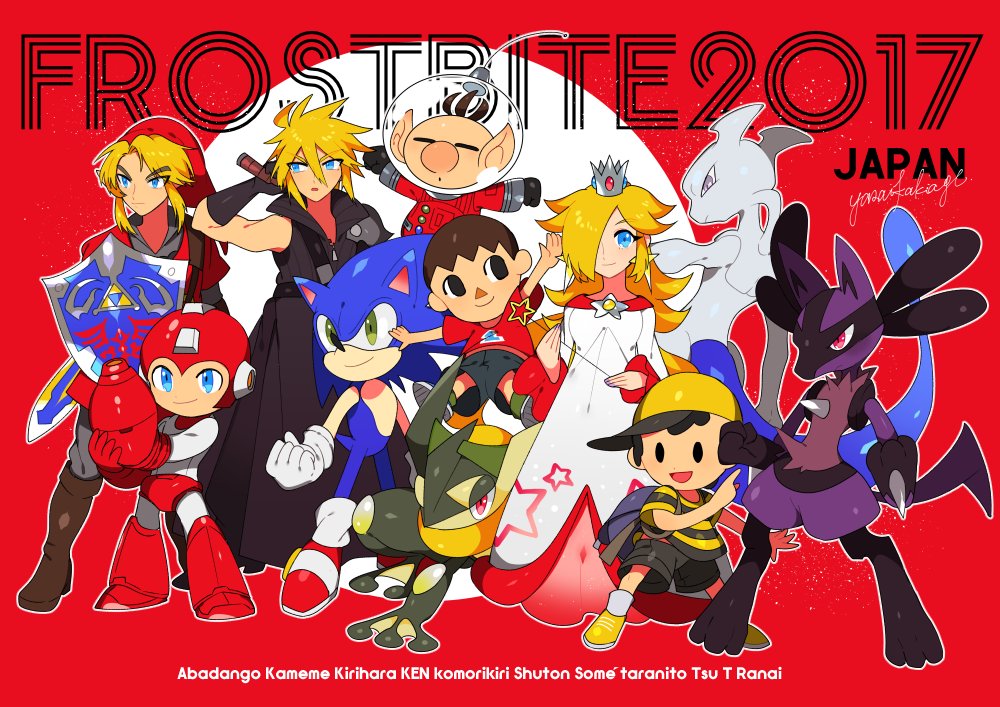 alternate_color bare_shoulders black_hair blonde_hair blue_eyes blush breasts brown_hair chiko_(mario) cloud_strife crown doubutsu_no_mori dress earrings final_fantasy final_fantasy_vii frog gen_1_pokemon gen_4_pokemon gen_6_pokemon greninja hair_over_one_eye hat holding holding_weapon jewelry link long_hair lucario mario_(series) master_sword mewtwo mother_(game) mother_2 multiple_boys ness olimar pikmin_(series) pokemon pokemon_(creature) pokemon_(game) rockman rockman_(character) rockman_(classic) rosetta_(mario) shield short_hair small_breasts smile sonic sonic_the_hedgehog spiked_hair star super_mario_bros. super_mario_galaxy super_smash_bros. sword the_legend_of_zelda the_legend_of_zelda:_twilight_princess tongue tongue_out villager_(doubutsu_no_mori) weapon yasaikakiage