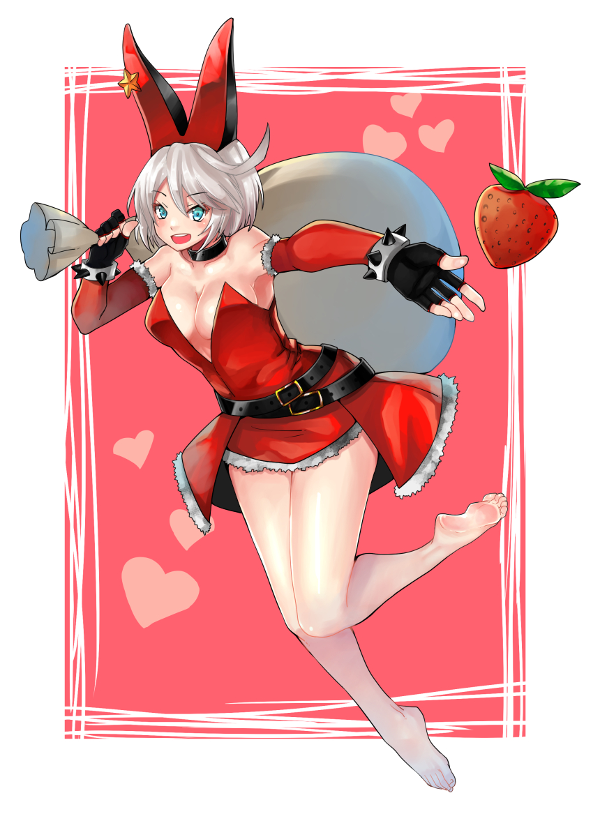 1girl ahoge animal_ears aqua_eyes arc_system_works bag bare_shoulders barefoot blush breasts bunny_ears christmas cleavage dress eiji elbow_gloves elphelt_valentine explosive feet fingerless_gloves food fruit gloves grenade guilty_gear guilty_gear_xrd guilty_gear_xrd:_revelator looking_at_viewer open_mouth santa_costume shiny shiny_hair shiny_skin short_dress short_hair silver_hair smile solo star