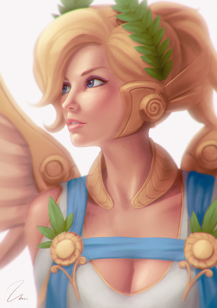 alternate_costume artist_name blonde_hair blue_eyes breasts cleavage collarbone dress head_wreath high_ponytail laurel_crown lips looking_to_the_side medium_breasts mercy_(overwatch) nose overwatch parted_lips signature simple_background smile solo toga umigraphics upper_body white_background white_dress winged_victory_mercy