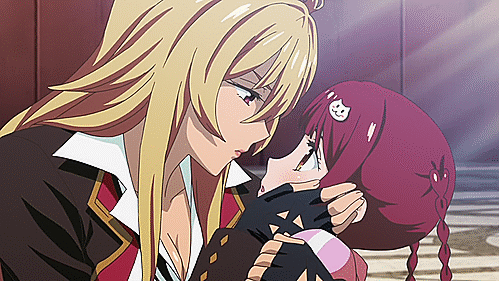 2girls animated animated_gif blonde_hair braid couple eye_contact fingerless_gloves gloves kiss long_hair looking_at_another multiple_girls official pink_eyes pink_hair shikishima_mirei sunlight surprised tokonome_mamori twintails valkyrie_drive valkyrie_drive_-mermaid- very_long_hair yellow_eyes yuri