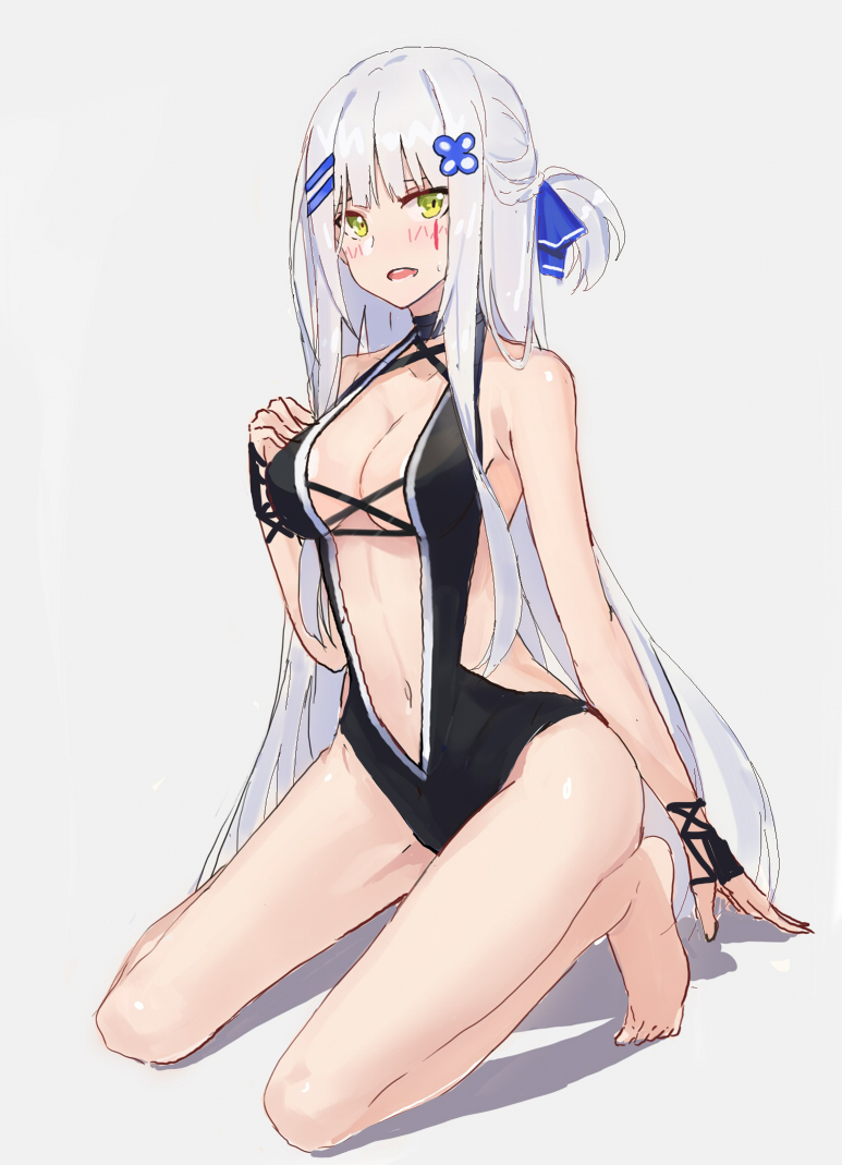 :o alternate_costume arm_at_side backless_outfit bangs bare_arms bare_legs bare_shoulders barefoot black_swimsuit blue_ribbon blunt_bangs breasts casual_one-piece_swimsuit center_opening cleavage collarbone echj full_body girls_frontline green_eyes hair_ornament hair_ribbon hairclip hand_on_own_chest hk416_(girls_frontline) kneeling long_hair looking_at_viewer medium_breasts navel one-piece_swimsuit one_side_up open_mouth ribbon silver_hair sketch solo stomach swimsuit very_long_hair