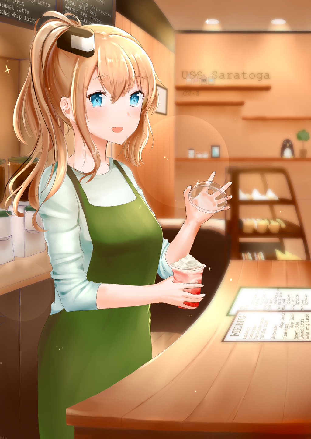 alternate_costume apron blue_eyes blush cafe character_name coffee commentary_request counter cup display_case eyebrows_visible_through_hair eyes_visible_through_hair hair_between_eyes highres holding holding_cup kantai_collection long_hair looking_at_viewer niko_(aiai03012) open_mouth pink_hair saratoga_(kantai_collection) side_ponytail smokestack_hair_ornament solo