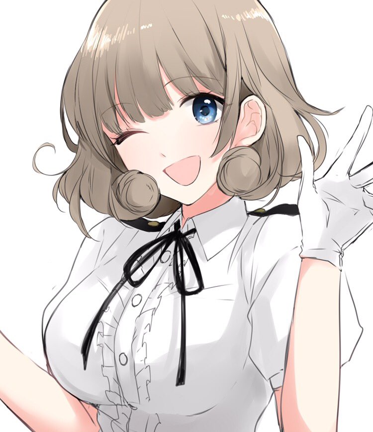 ;d blue_eyes breasts brown_hair center_frills collared_shirt commentary_request dress_shirt female_admiral_(kantai_collection) gloves jpeg_artifacts kantai_collection large_breasts military military_uniform morinaga_miki naval_uniform one_eye_closed open_mouth shirt short_sleeves smile solo uniform white_gloves white_shirt