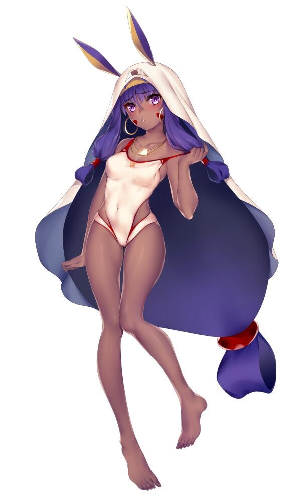 animal_ears commentary_request dark_skin earrings facial_mark fate/grand_order fate_(series) jackal_ears jewelry long_hair low-tied_long_hair necklace nitocris_(fate/grand_order) nitocris_(swimsuit_assassin)_(fate) obiwan one-piece_swimsuit purple_hair swimsuit very_long_hair